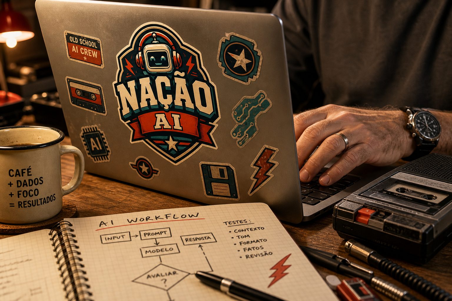 Close de laptop com adesivo Nação AI, café e caderno de workflow de IA
