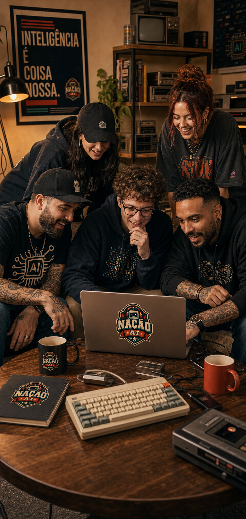 Pessoas em uma área de sofá tomando café e usando computador com a marca Nação AI