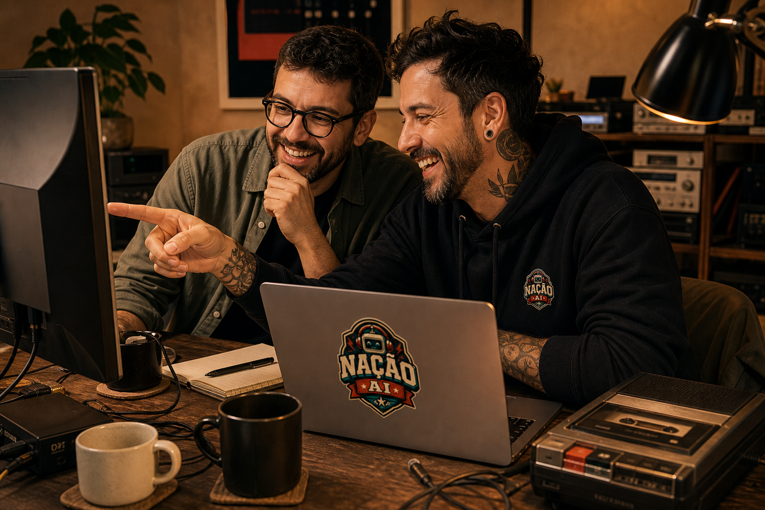 Dois homens analisando um computador com notebook da Nação AI