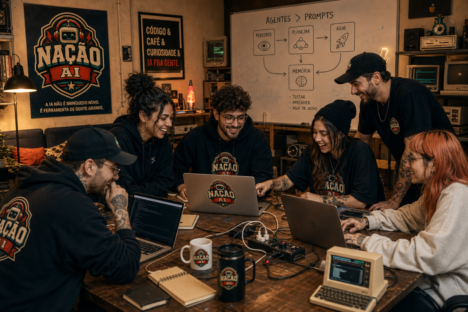 Sessão de educação da Nação AI em mesa com laptops, café e cartazes